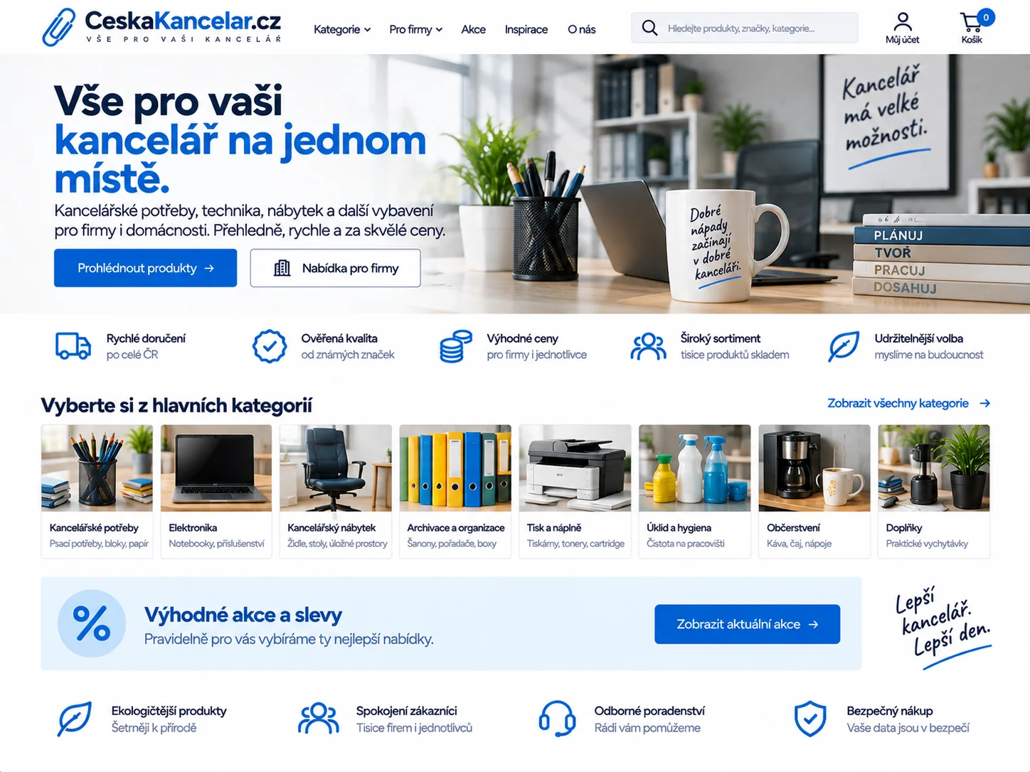 Ilustrační návrh pro CeskaKancelar.cz zaměřený na kancelářské potřeby, techniku, nábytek a firemní nákup